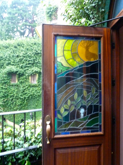 One of the stained glass window panels at the Ghibli museum Tokyo