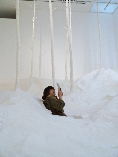 White trees floating in gallery space by Kuribayashi from Japanese larch trees, pulp and paper