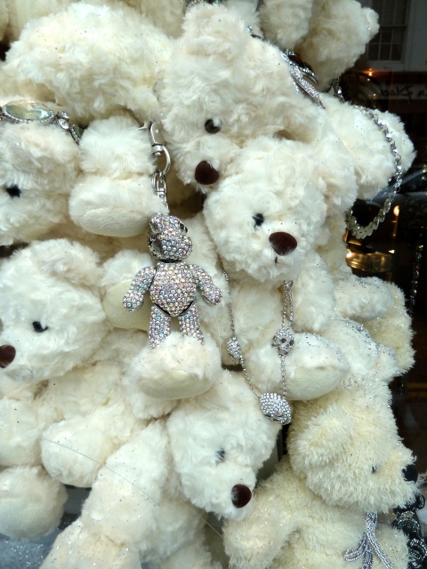 Jewel teddy bears key rings and brooches on Teddy Bear Christmas tree at Butler and Wilson Fulham Rd, Xmas 2010