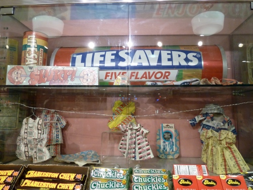 A few sealed cabinets have vintage sweet packaging, and what we used to do before computer games at Dylan's Candy Bar, NYC